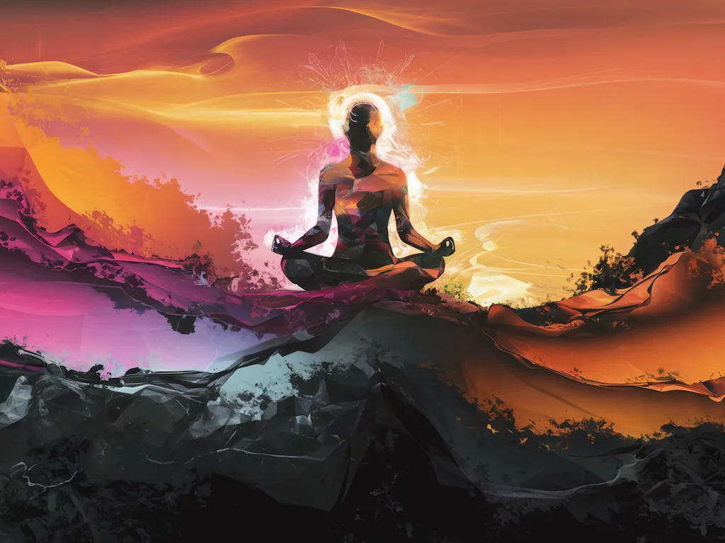 A serene figure meditating at sunrise