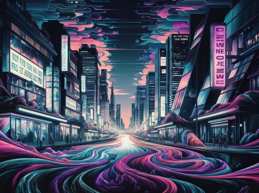 A surreal, dreamlike cityscape inspired by Tokyo at night, interpreted through the flowing, painterly techniques of Morris Louis with a modern twist. The skyline is dominated by glowing skyscrapers that radiate vibrant neon lights, cascading downwards like liquid streams of color.