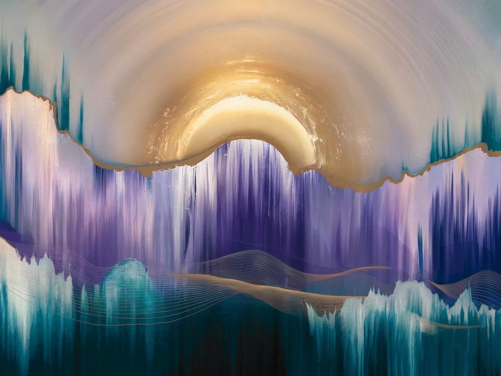 An abstract masterpiece with cascading color techniques. At the center, there is a luminous, golden focal point that radiates outward. The background contains fluid, flowing veils of color that cascade downward in translucent, overlapping washes. The colors transition from calming blues and teals at the edges, through serene purples, and converge into warm golden and white tones near the center. Subtle, undulating bands or lines are incorporated within the gradients to evoke the rhythmic flow of mindful breathing. The overall composition uses negative space and layers of flowing color to create depth and a sense of profound serenity and self-alignment.