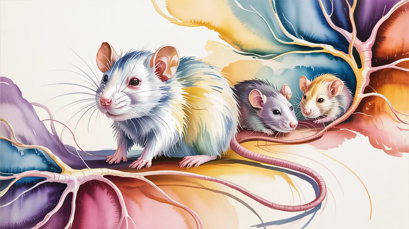 Stylized illustration of three laboratory rats within a colorful neural landscape, suggesting brain wiring, myelin, and support-cell structures