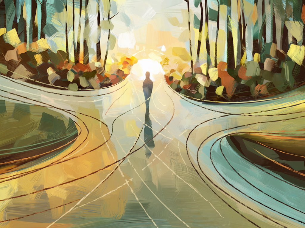 A serene setting with a glowing light emerging from the heart of a meditative figure, surrounded by soft, vibrant colors symbolizing clarity and purpose.