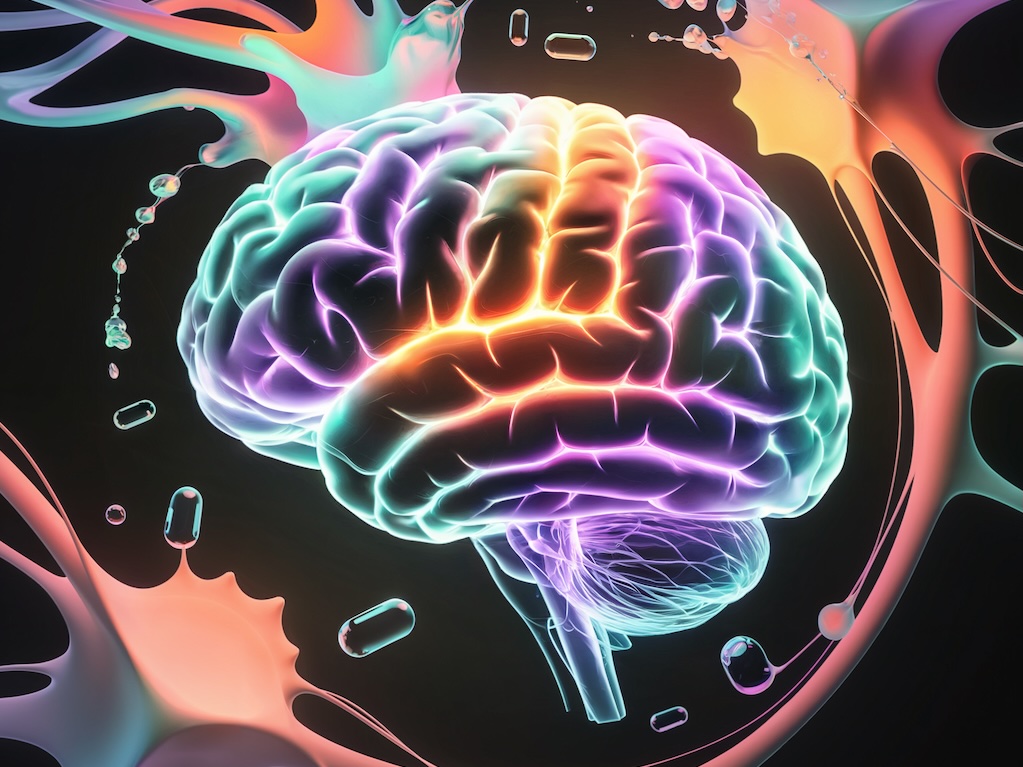 At the center, a glowing human brain is illuminated with vibrant, psychedelic patterns in soft, flowing gradients of purples, blues, oranges, and teals. These colors radiate outward, seamlessly blending into the surrounding composition to symbolize enhanced creativity and cognition. Encircling the brain, small, translucent capsules and liquid drops are placed, their forms delicate and ethereal, subtly refracting the surrounding light. 