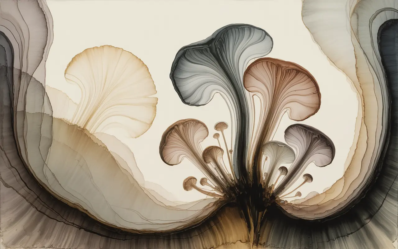 Glowing psychedelic brain surrounded by capsules and liquid drops in flowing gradients of purple, blue, orange, and teal