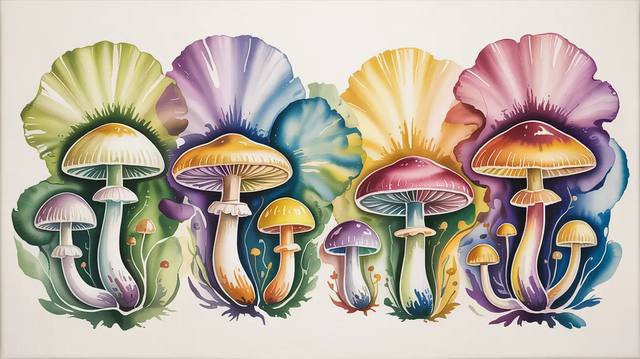 Illustration of several colorful mushrooms grouped side by side, each distinct in size, color, and form against soft stained-color backdrops