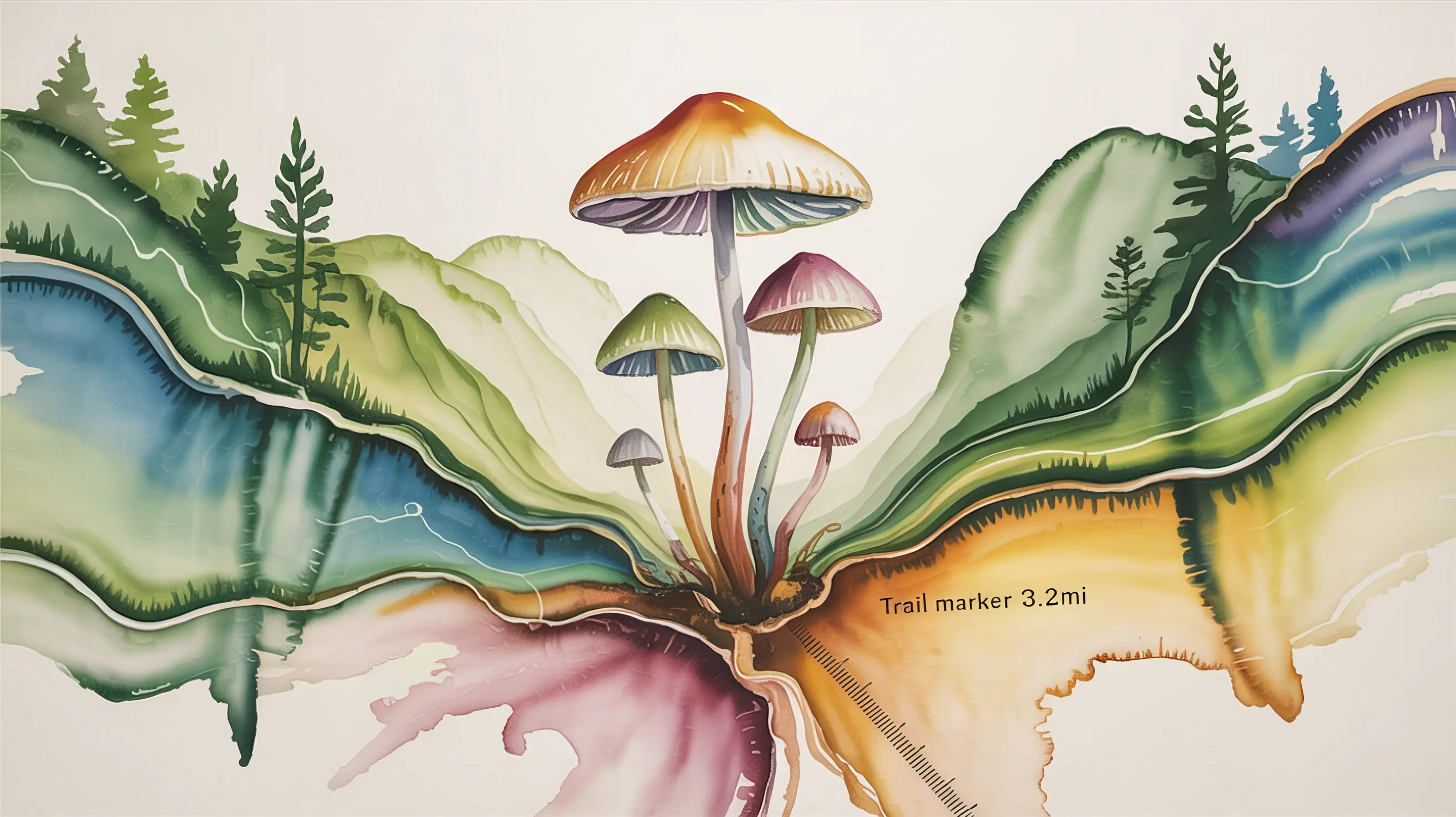 Illustration of colorful mushrooms rising from a mountain trail map landscape with pine silhouettes and measurement-like guide markings