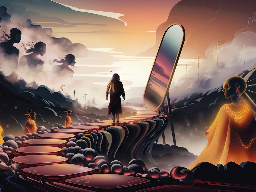 Abstract art featuring a psilocybin-inspired journey with glowing colors, geometric patterns, and a meditative figure in the foreground.