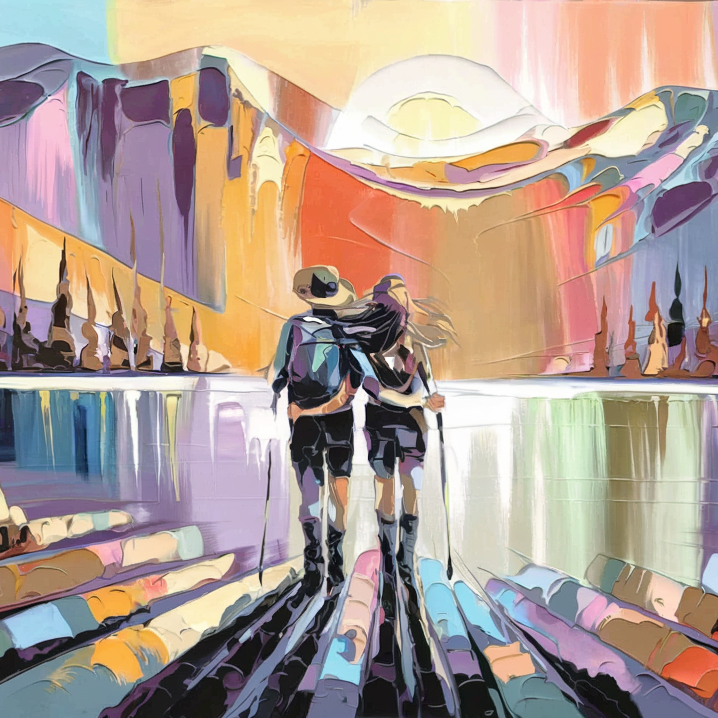 Two hikers approach a mountain pond