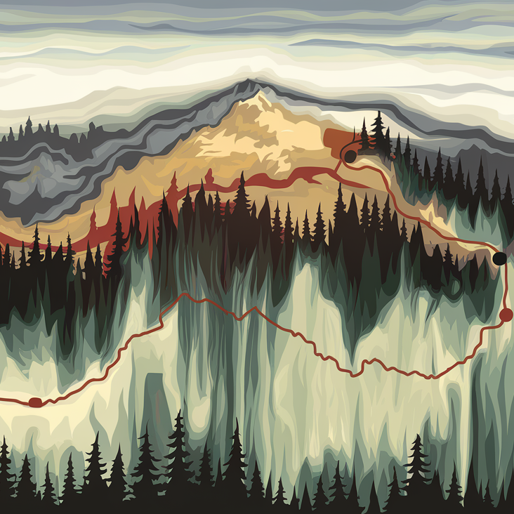 Abstract map of a solo healing journey winding through nature toward growth