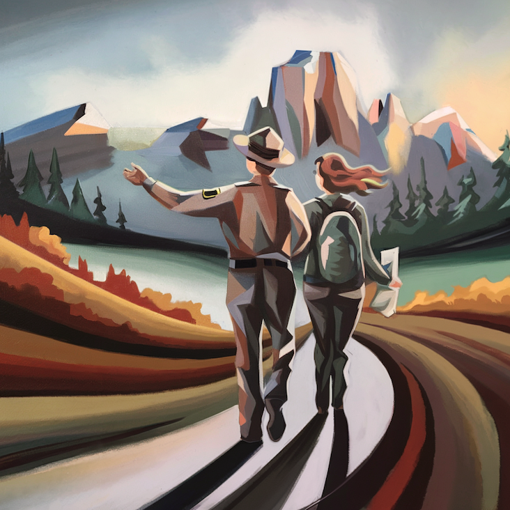 Park ranger and client walking a mountain trail, sharing mindfulness in nature